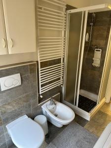 a bathroom with a shower and a toilet and a sink at Apartment BelLenno in Lenno