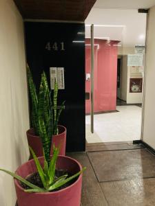 une plante en pot assise devant un ascenseur dans l'établissement Altos de Barrio Sur, à San Miguel de Tucumán