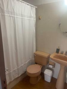 a bathroom with a white shower curtain and a toilet at Casa Condominio en Tongoy cercano a puerto Velero in Tongoy