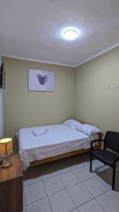 ein Schlafzimmer mit einem Bett und einem Stuhl darin in der Unterkunft Hospedaje Latinos in Tarapoto