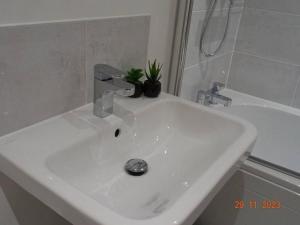 a white bathroom sink with two plants on it at Magnolia Palace/Group Long Stays in Killingbeck
