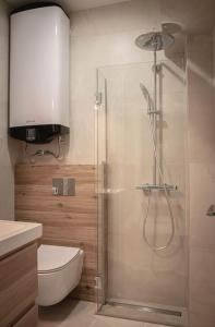 a bathroom with a shower with a toilet and a sink at Central Apartment in Varna in Varna City
