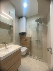 a bathroom with a shower and a sink and a toilet at Central Apartment in Varna in Varna City