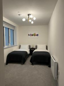 巴斯的住宿－Haus of Sulis, City Centre Apartment with Lift Access，一间设有两张床和一台电视的房间
