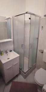 uma casa de banho com um chuveiro, um lavatório e um WC. em Jana apartman em Crikvenica