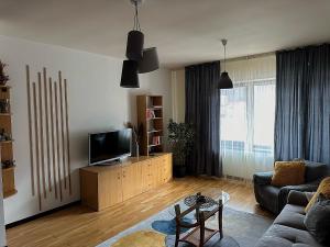 a living room with a couch and a television at Apartament “La Iepure” in Braşov