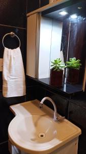 a bathroom sink with two potted plants and a towel at Casa Moriá in Lençóis