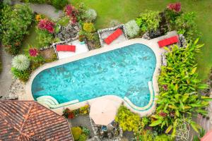 an overhead view of a swimming pool with chairs and umbrellas at Casitas Del Rio Riverfront Nature Lodge in Uvita