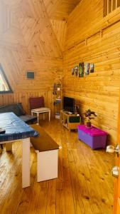 sala de estar con paredes de madera y suelo de madera en Domo Papudo, en Papudo