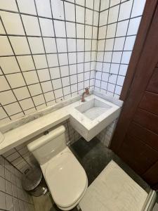 La salle de bains est pourvue de toilettes et d'un lavabo. dans l'établissement Chalé Casa Vitoria - Quarto Inferior, à Trancoso