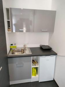 a small kitchen with a sink and a refrigerator at Studio Bleu in Obernai +5 photos