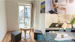 a collage of photos of a room with a bed and a window at CBlue "Turmresidenz", zentral, familienfreundlich, Schatzsuche in Wismar