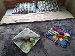 a bed with two towels and two pillows on it at Appartement de Charles in Loméméti +15 photos