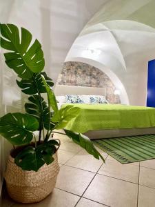 a bedroom with a green bed and a plant at Ursino holiday apartment in Catania