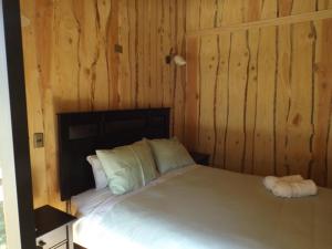 a bedroom with a bed with wooden walls at Hostal Los Alamos Neltume in Neltume