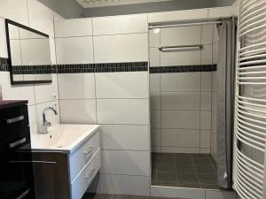 ein Bad mit einer Dusche und einem Waschbecken in der Unterkunft Gasthaus da Enzo in Siefersheim
