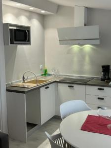 a kitchen with a sink and a table at Apartments Oliva in Poreč