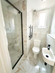 FOSSE LUXURY ROOMS في ليستر: حمام مع مرحاض ودش ومغسلة