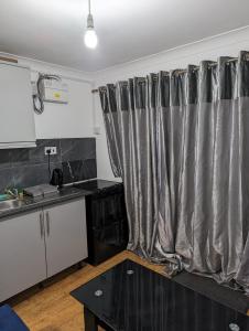 a kitchen with a stainless steel curtain in a room at Luxury flat in Nevendon