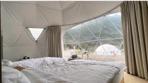 um quarto com uma cama e uma grande janela em Caravans Park & GLAMPING TENTS in the Vineyard em Turda