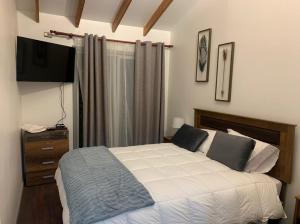 a bedroom with a large bed and a television at Hostal Uruz in Coihaique