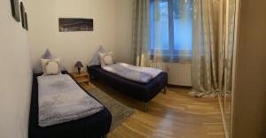 フュルトにあるFerien-und-Messeappartement-Falkeのベッド1台、ソファ、窓が備わる客室です。