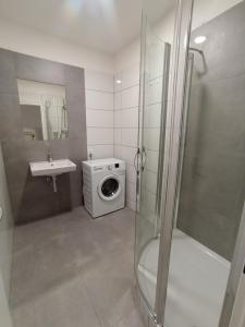 a bathroom with a washing machine and a sink at Spirit apartments Brno, with parking in Brno
