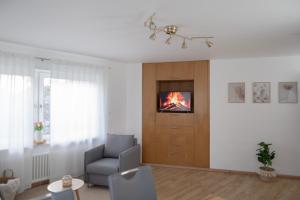 a living room with a chair and a fire in a door at Ferienwohnung Rheinauen in Germersheim
