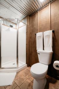 a bathroom with a toilet and a shower at Cozy Unique Glamping on 53 acres - Bedrock Site in Branson