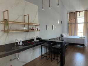 uma cozinha com um lavatório e uma cama num quarto em Skyloft Chalé em Governador Valadares