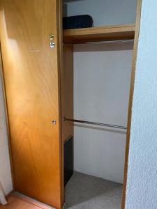 a closet with a refrigerator and a wooden door at Habitación en departamento muy céntrico in Mexico City