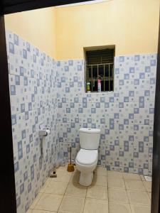 a bathroom with a toilet with blue and white tiles at Binga villa in Kisoro