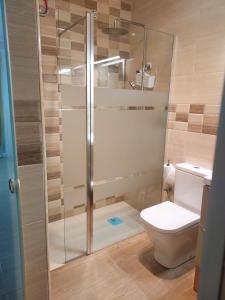 a bathroom with a toilet and a glass shower at Montaña & Mar in Miami Platja