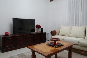 a living room with a tv and a coffee table at Lake Ohrid Guesthouse "Villa Valentina" in Pogradec