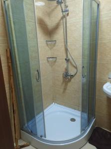 um chuveiro com uma porta de vidro na casa de banho em Large apartment in Tbilisi em Tbilisi