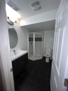 a bathroom with a sink and a shower and a toilet at 2 bedroom cozy entire ground floor in Vaughan