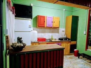 Il comprend une cuisine dotée d'armoires aux couleurs vives et d'un réfrigérateur. dans l'établissement El Escarabajo Azul loft & Arte, à Villa Carlos Paz