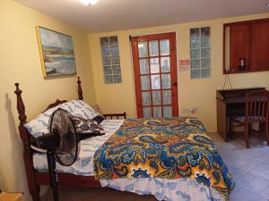 a bedroom with a bed and a fan and a piano at PeachBloom Tereace Inn in DʼArbeau