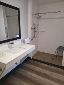 ein Badezimmer mit einem weißen Waschbecken und einer Dusche in der Unterkunft Quality Inn & Suites in Dumas