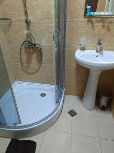 uma casa de banho com um chuveiro e um lavatório. em Large apartment in Tbilisi em Tbilisi