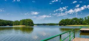 a view of a lake with a wooden dock at Pensjonacik Zacisze in Pasym