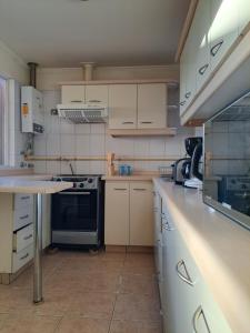een keuken met witte kasten en een fornuis met oven bij House Patagonia I in Coihaique