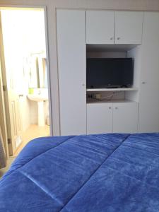 een slaapkamer met een blauw bed en een televisie bij House Patagonia I in Coihaique