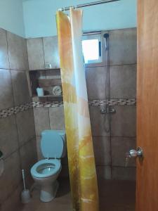 コロニア・デル・サクラメントにあるEstadía Nuestro Sueñoのバスルーム(トイレ、ガラスドア付きのシャワー付)