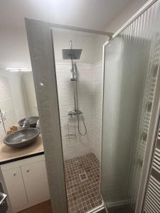 um chuveiro com uma porta de vidro na casa de banho em Azur em Toulouse