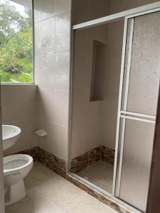 a bathroom with a toilet and a glass shower at Estancia Don Heli in San Francisco