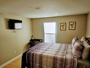 ein Schlafzimmer mit einem Bett und einem Fernseher darin in der Unterkunft Da.Luxe Cottage Mtn Island Area on 1.56 Acres in Charlotte