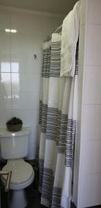 a bathroom with a toilet and a shower curtain at Mirador Uno in Concepción