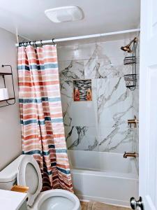 bagno con tenda doccia in marmo e servizi igienici. di Da.Luxe Cottage Mtn Island Area on 1.56 Acres a Charlotte