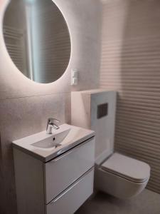 a bathroom with a sink and a toilet and a mirror at Apartament 8 Piętro self check-in, parking in Rzeszów +18 photos